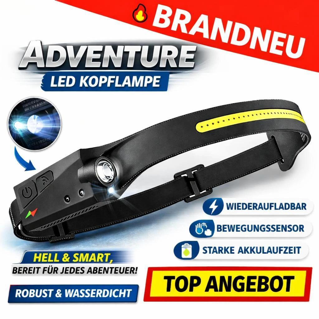 ADVENTURE Stirnlampe LED Kopflampe Wiederaufladbar Bewegungssensor Akku Light