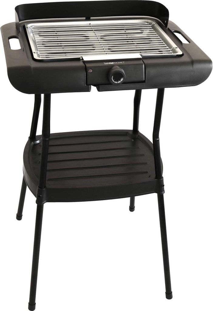 A black electric grill with a silver grill grate and a black shelf, shown on a white background.