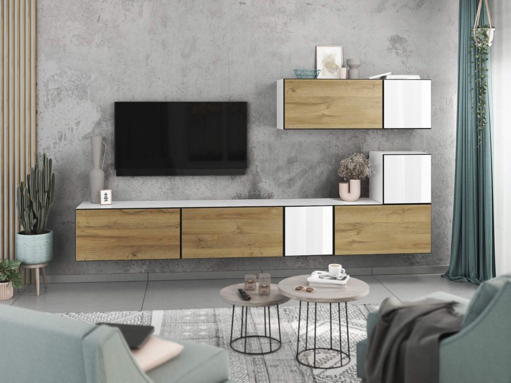Wohnwand VARIANTO 2 Schrank Set 7 tlg., 266 cm, weiß matt / Evoke Eiche / weiß Hochglanz M1, grifflos, stehend und hängend