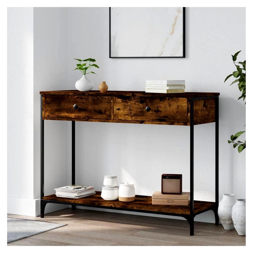 Konsolentisch mit Schublade 100x34,5x75 cm Flurtisch mit Ablagen Beistelltisch aus Holzwerkstoff und Metall Räuchereiche