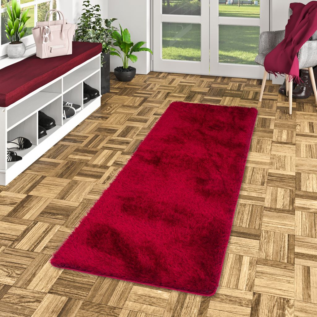 Hochflor Shaggy Teppich Läufer Luxus Feeling Mix Rot, Größe:100x300 cm