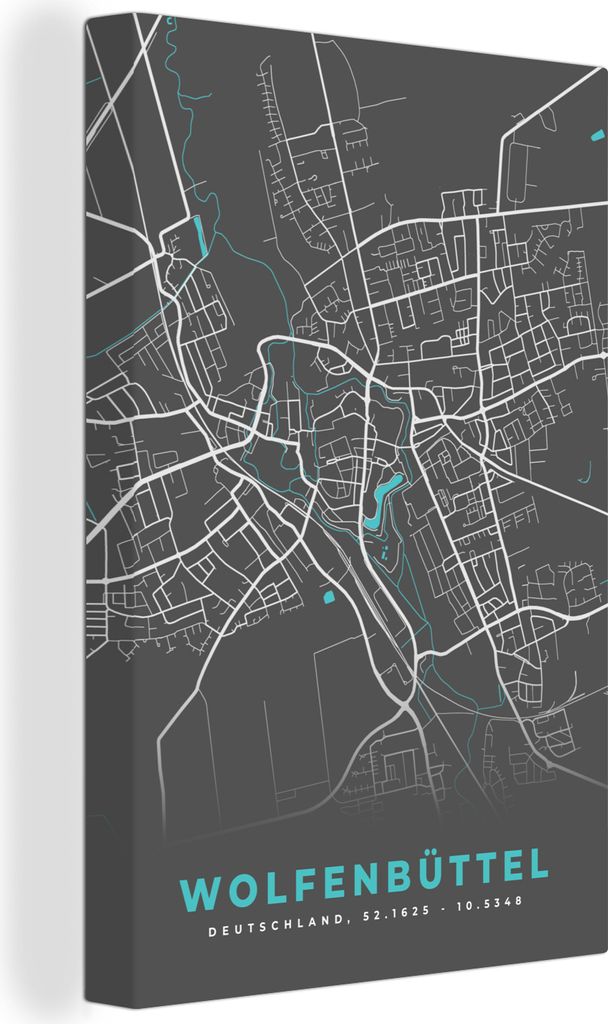 OneMillionCanvasses - Leinwandbilder - 90x140 cm, Stadtplan - Deutschland - Blau - Wolfenbüttel - Karte, Wandbilder Kunstdruck Wanddekoration - ...