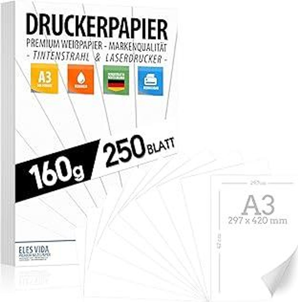 Druckerpapier A3 160g weiß – 250 Blatt - PREMIUM PAPIER Reinweiß - 29,7 x 42 cm - Zeichenpapier dick,unbedruckt für Uni, Fotografie, Präsenta...