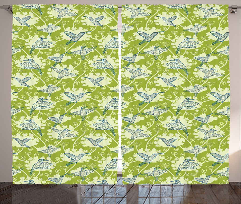 ABAKUHAUS Kolibri Rustikaler Gardine, Garten Hummingbird, Schlafzimmer Kräuselband Vorhang mit Schlaufen und Haken, 280 x 175 cm, Lindgrün Creme ...