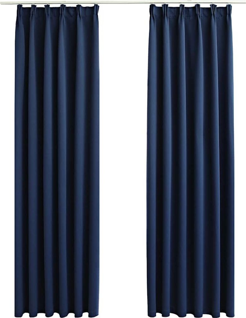 Two navy blue curtains hanging side-by-side against a white background.