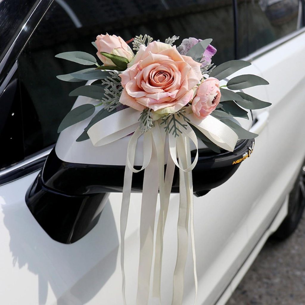 2St Hochzeit Autoschmuck Schleifen Künstliche Blumen Rückspiegel Champagner.