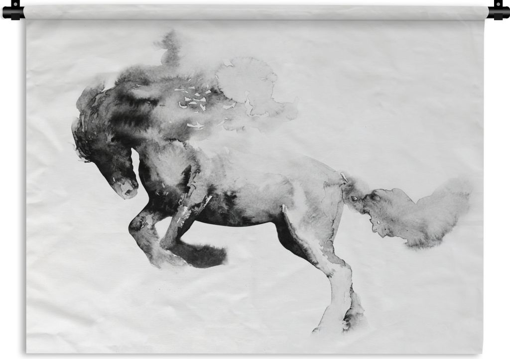 MuchoWow Wandteppich Wandbehang Gemälde - Pferd - Tiere - Ölfarbe - Schwarz - Weiß 120x90 cm Tapisserie Dekoration Wandtuch - Wohnen - Aufhän...