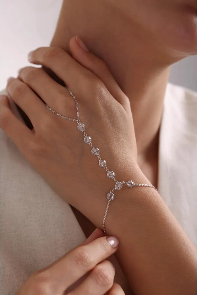 Bracelet bague main de fatma en argent et oxydes de zirconium brillants