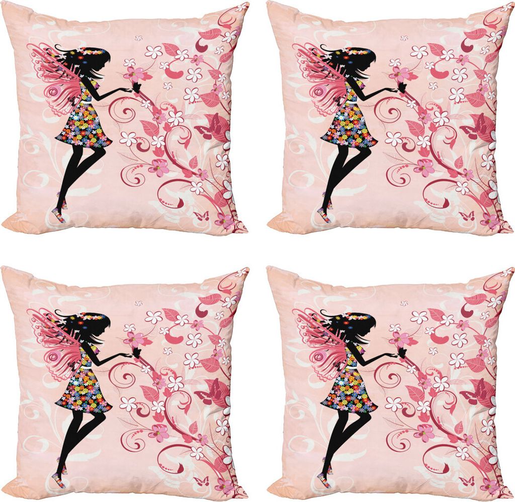 ABAKUHAUS Blumen Kissenbezug Set (4 Stück), Angel Girl Silhouette, Moderner Doppelseitiger Digitaldruck, 40 cm x 40 cm, Mehrfarbig