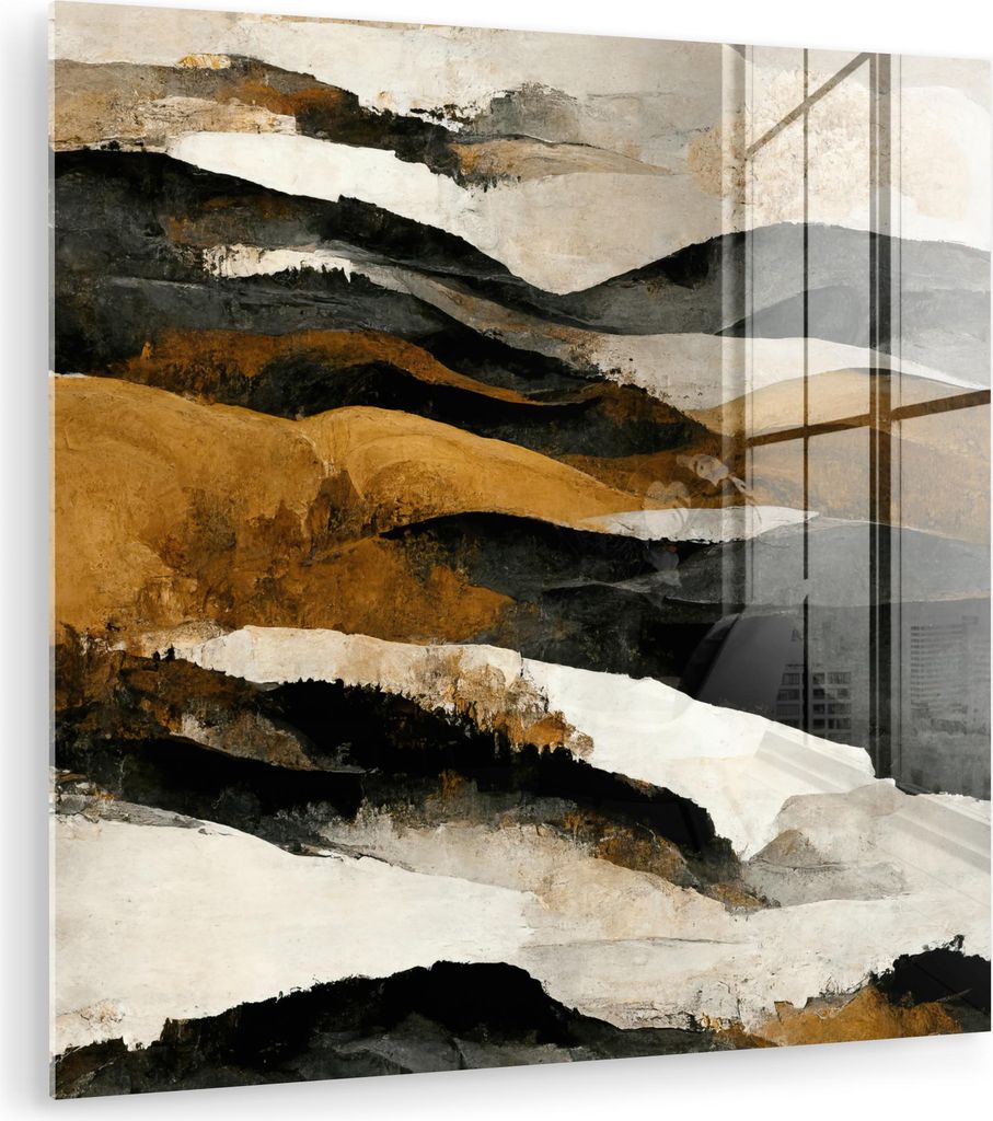 MuchoWow Glasbilder - Bilder auf Wandbild - Foto auf Glas Kunst - Landschaft - Berge - Schwarz - Weiß - Beige 90x90 cm Wanddekoration aus Glas - A...