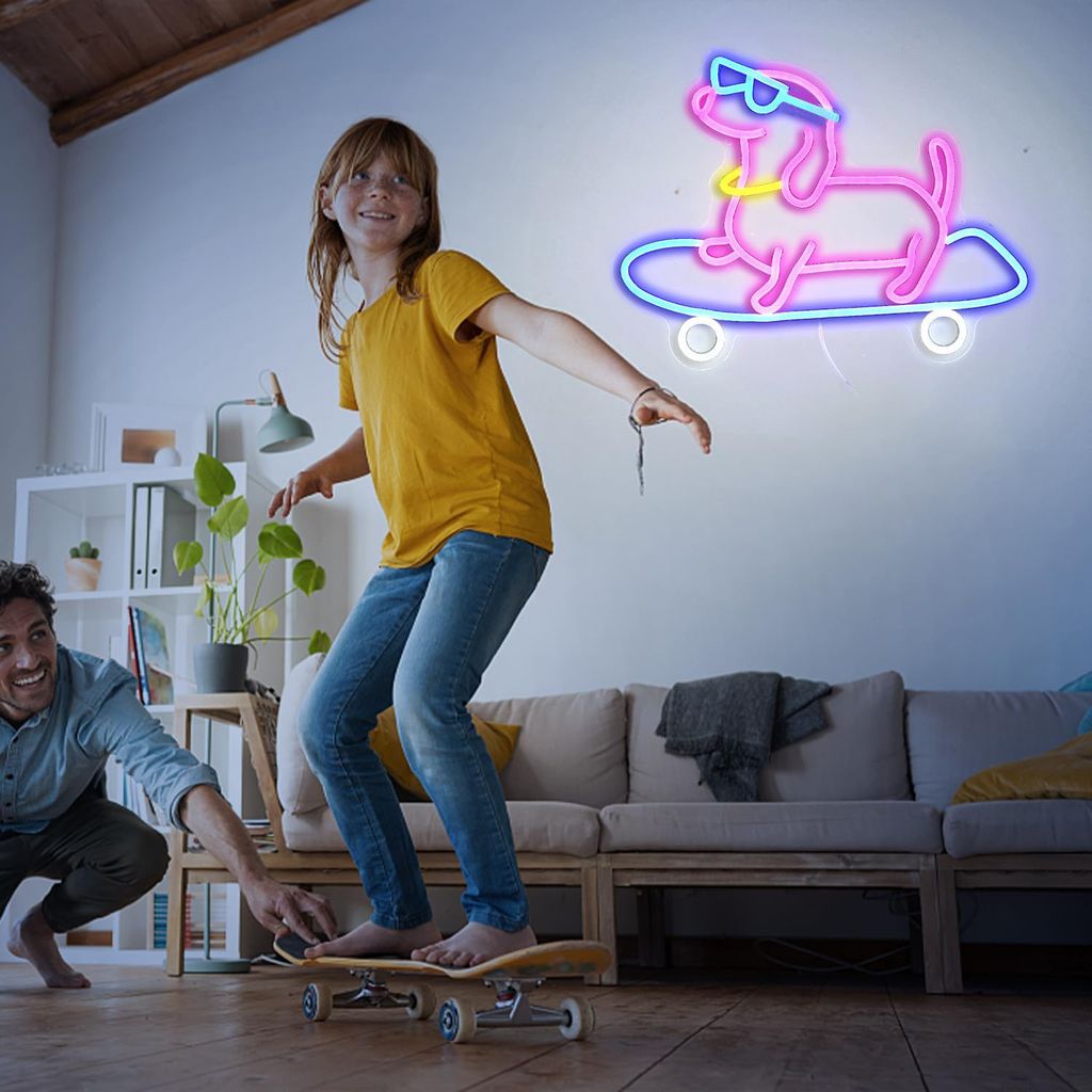 Dackel Hund Skateboard Neon Schild, Skateboard Dackel Led Zeichen, Hund Skateboarder Led Licht, Hund Dackel Skateboard Spieler Neonlicht