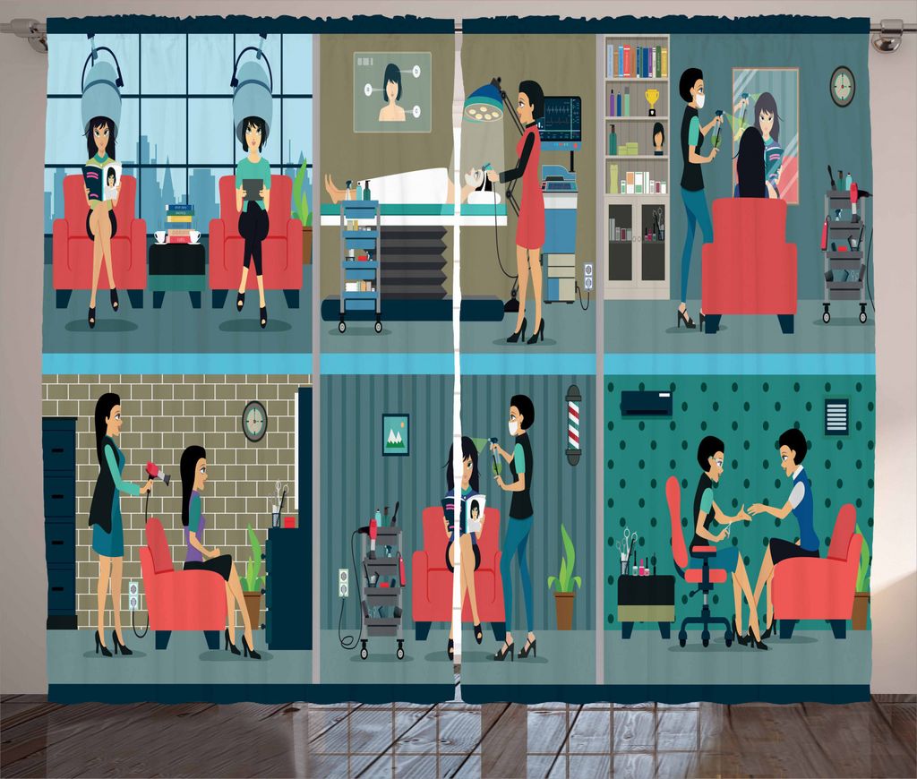 ABAKUHAUS Friseur Rustikaler Gardine, Ein Tag in einem Friseursalon, Schlafzimmer Kräuselband Vorhang mit Schlaufen und Haken, 280 x 225 cm, Mehrf...