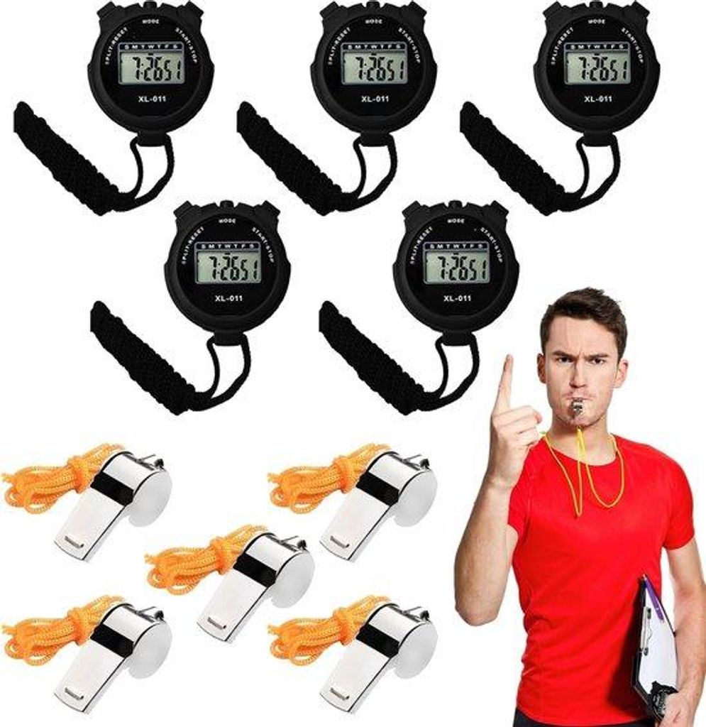 5 Stück digitale Sportuhr, Timer, Chronograph mit großem Display, Handheld Sportuhr, Metall-Whistle für Fußball, Basketball, Joggen, Schwimmen,...