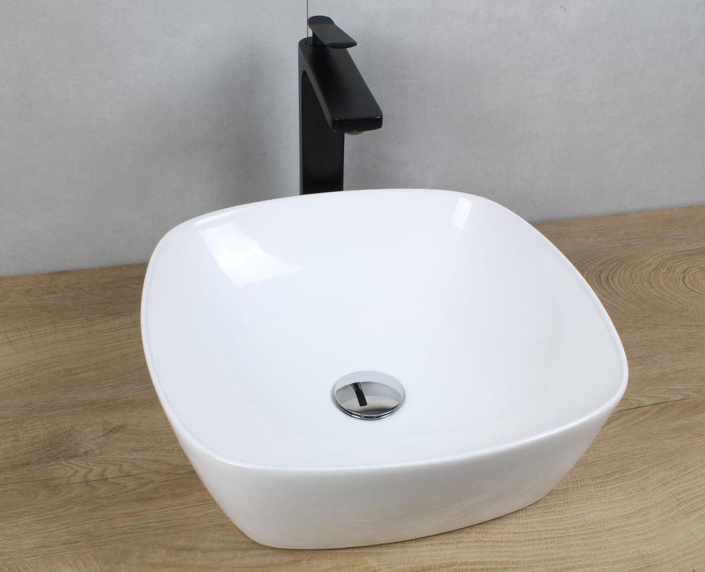 Keramik Waschbecken rund Ø 405 x 140 weiß ohne Überlauf Aufsatzwaschbecken mit Pop-Up Ablauf chrom