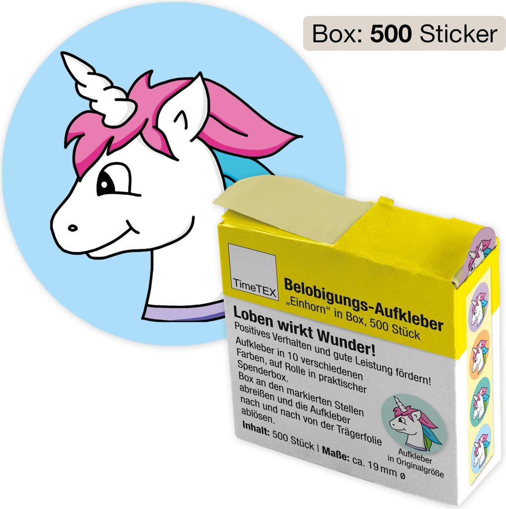 TimeTEX Belobigungs-Aufkleber "Einhorn" in Spender-Box, 500 Stück