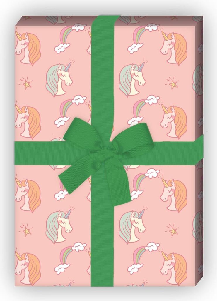 Mädchen Geschenkpapier mit Einhörnern und Regenbogen auf rosa - G7593, 32 x 48cm