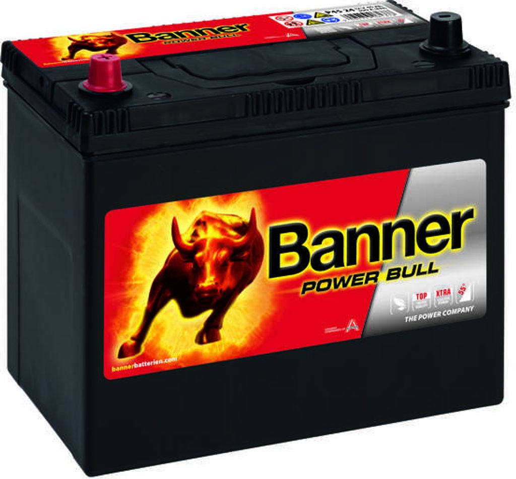 A car battery with branding.