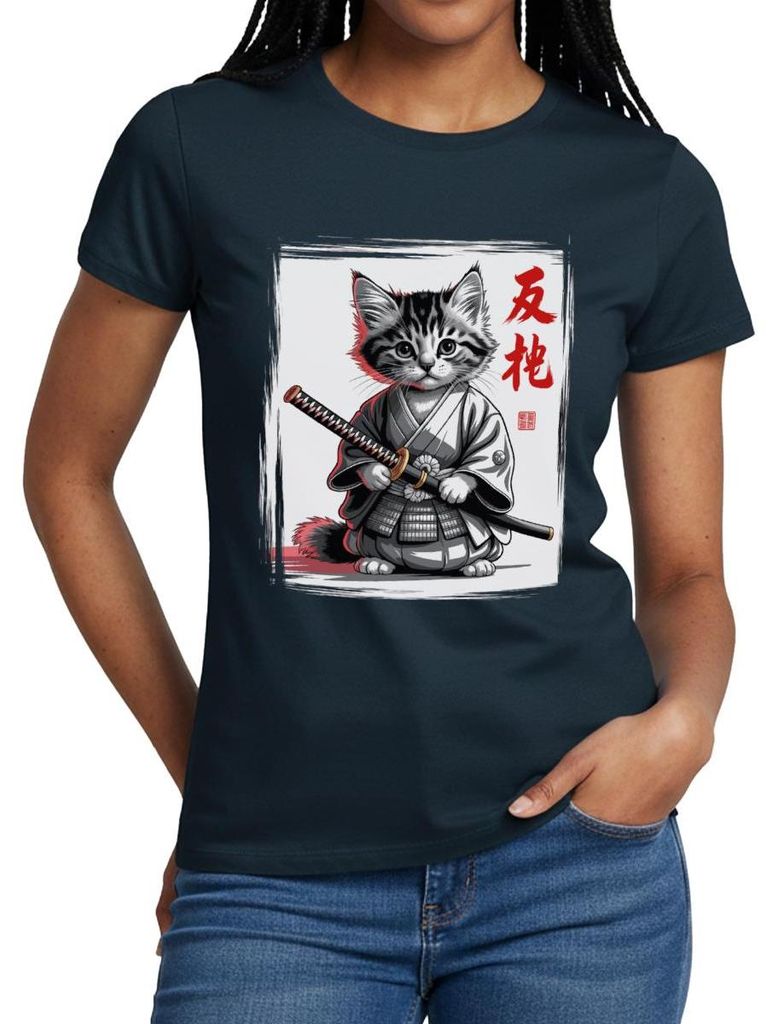 Spreadshirt Samurai Katze | Katze Im Japan-Look Frauen T-Shirt, S, Navy