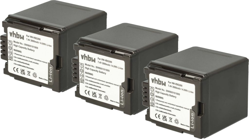 vhbw 3x Akku kompatibel mit Panasonic VDR-D220, VDR-D310, VDR-D50, VDR-D160 Videokamera Camcorder (2000 mAh, 7,2 V, Li-Ion) + Infochip