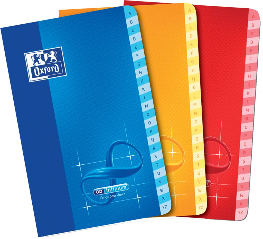 Three colorful Oxford notebooks with alphabetical dividers.