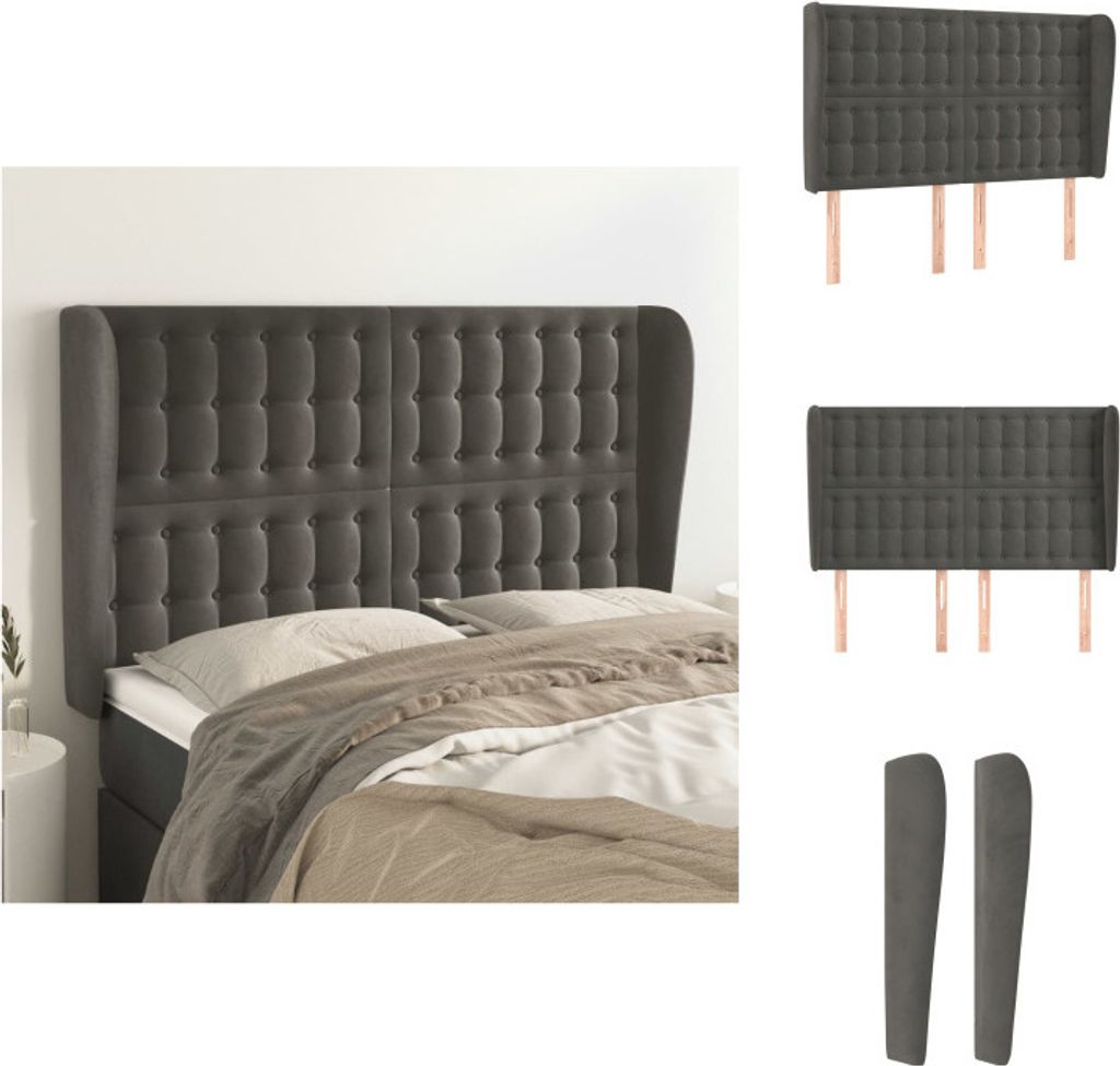 vidaXL Kopfteil mit Ohren Dunkelgrau 147x23x118/128 cm Samt - Kopf- & Fußenden