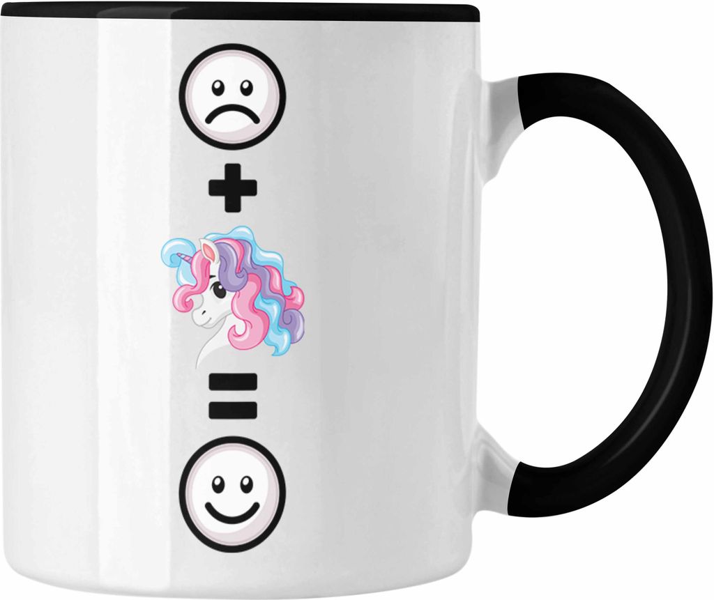 Trendation - Einhorn Tasse Geschenk für Einhornfans Frauen :( + Einhorn = :) Lustige Geschenkidee Geburtstag (Schwarz)