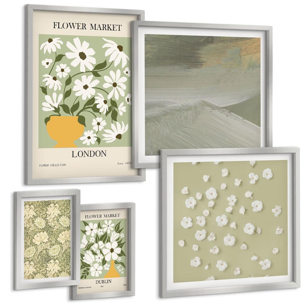 Bilder Set 5-teilig im silbergerahmten Rahmen – Wandbilder 5 Stück – gerahmte Poster für Wohnzimmer, Schlafzimmer und Flur – 50x50 cm - 40x...