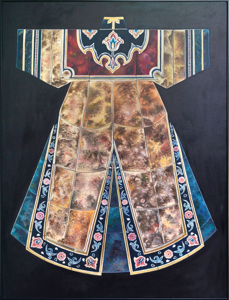 Fine Asianliving Ölgemälde 100% Handgemalt Rahmen Schwarz 90x120cm Chinesischer Kimono Gold