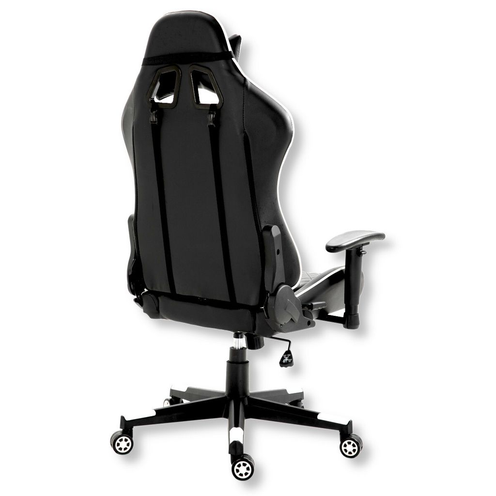 A black gaming chair viewed from the back and side.