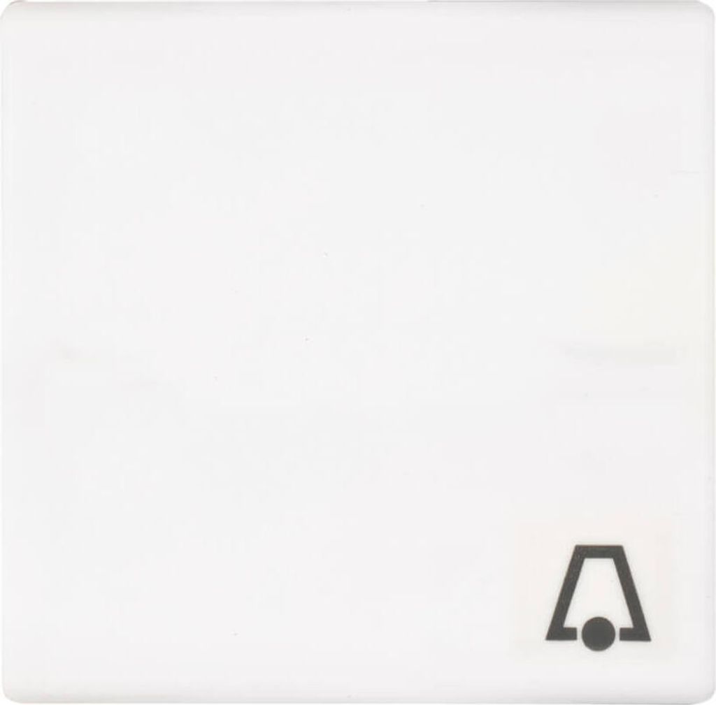 A white light switch cover with a bell symbol.
