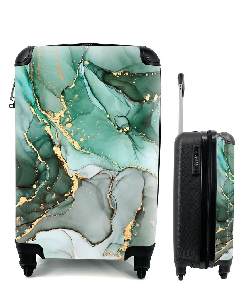 MuchoWow Koffer Handgepäck Trolley Rollkoffer Kleine Reisekoffer mit 4 Rollen - Gold - Marmor - Grün - Luxus - Marmoroptik - Grau - Cabin Size ...