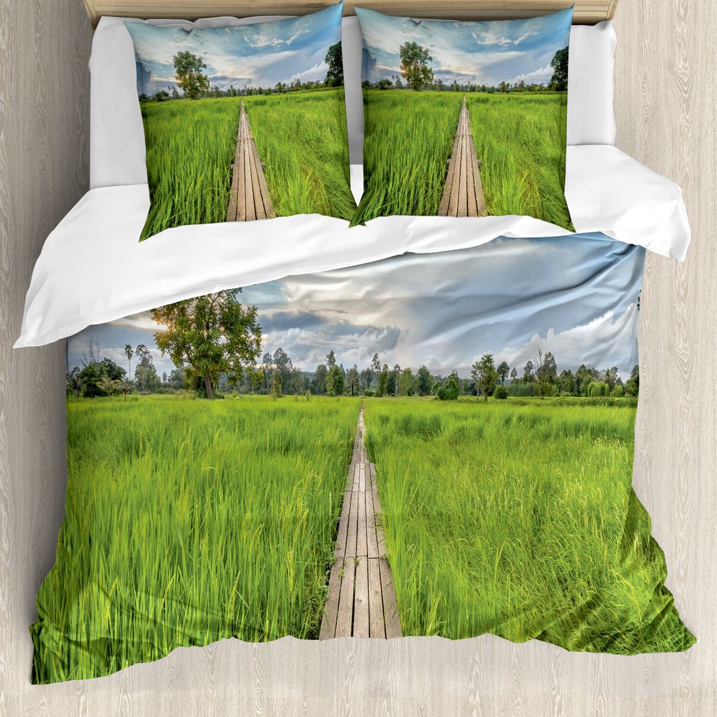 ABAKUHAUS asiatisch Bettbezug Set für Einzelbetten, Alte Holz-Brücke Reisfeld, Milbensicher Allergiker geeignet mit Kissenbezug, 155 cm x 220 cm ...