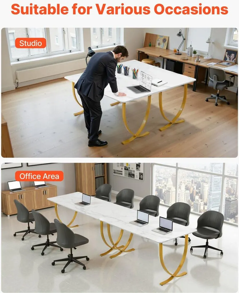 Bureau de direction 160 cm blanc et doré - Table de conférence moderne - 7
