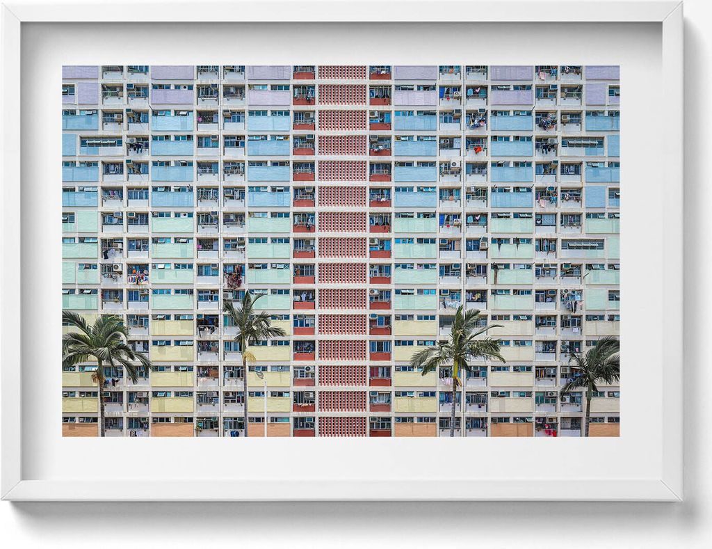 Buntes Gebäude Hongkong– Wandbild mit Rahmen – Gerahmtes Bild – Wanddekoration – 70x50 cm – Weiß Rahmen