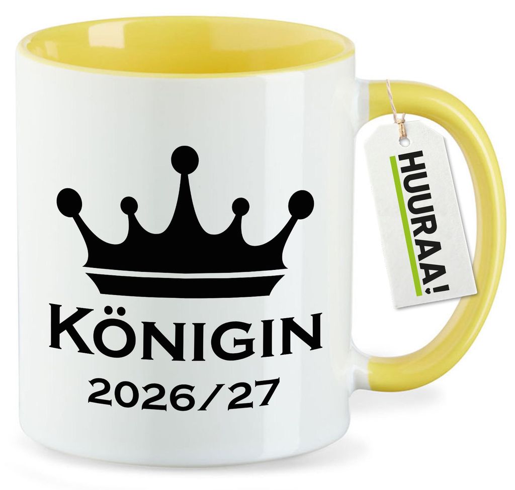 Huuraa Kaffeetasse Königin 2026/27 Krone Schüztenkönigin 330ml Gelb Keramik Kaffeebecher Geschenkidee
