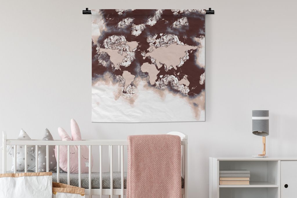 MuchoWow Wandteppich Wandbehang Weltkarte - Blumen - Braun 90x90 cm Tapisserie Dekoration Wandtuch - Wandaufhänger