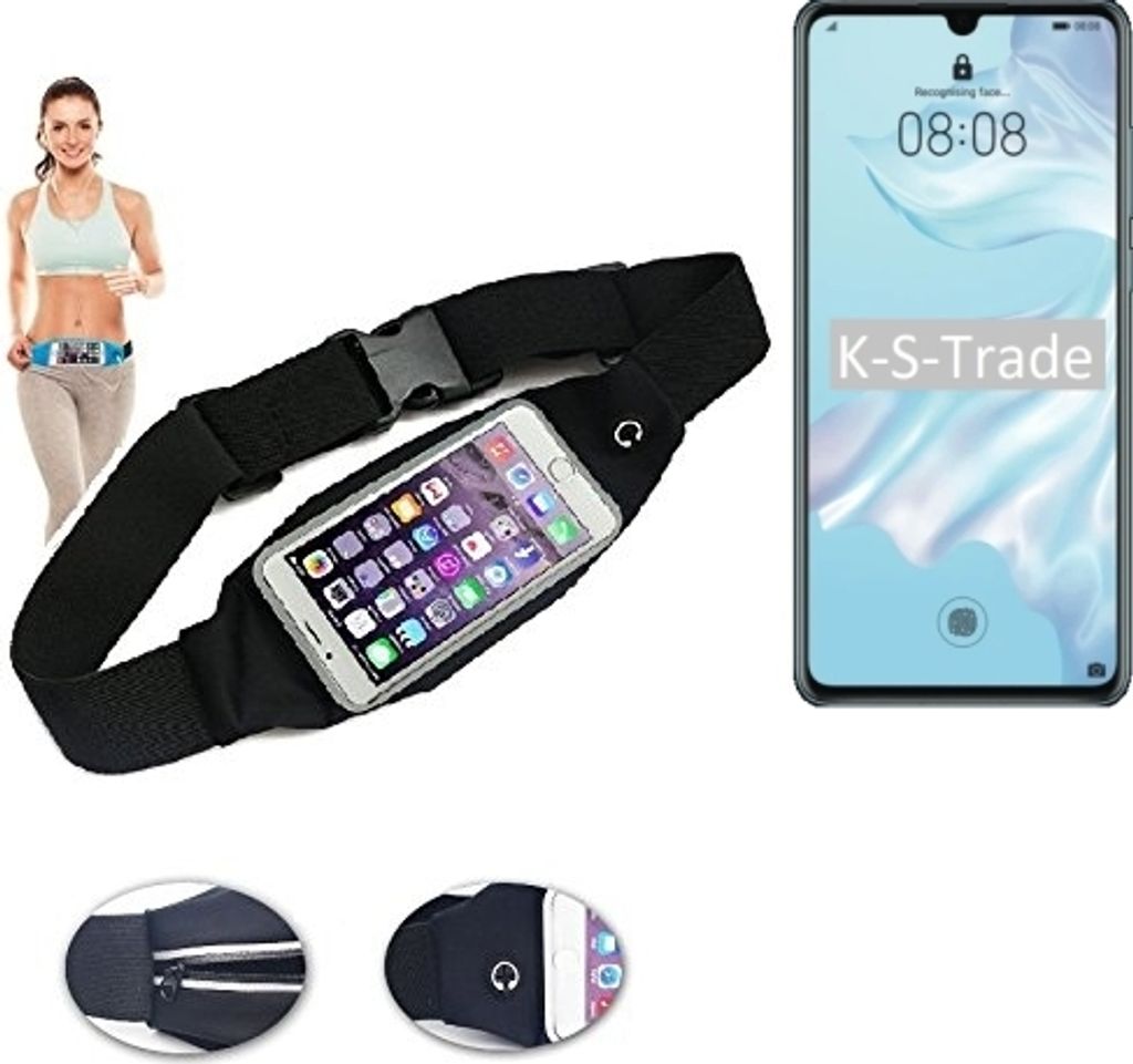 K-S-Trade Jogging-Armband kompatibel mit Huawei P30 Lite Gürteltasche Umhängetasche Bauchtasche schwarz Sport Running Jogging Fitness Laufen