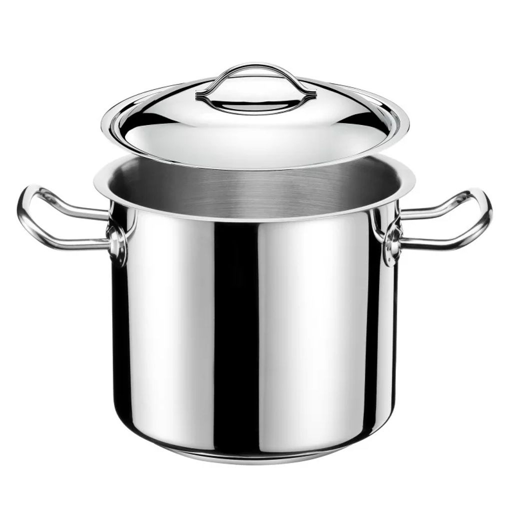 A stainless steel pot with a lid.