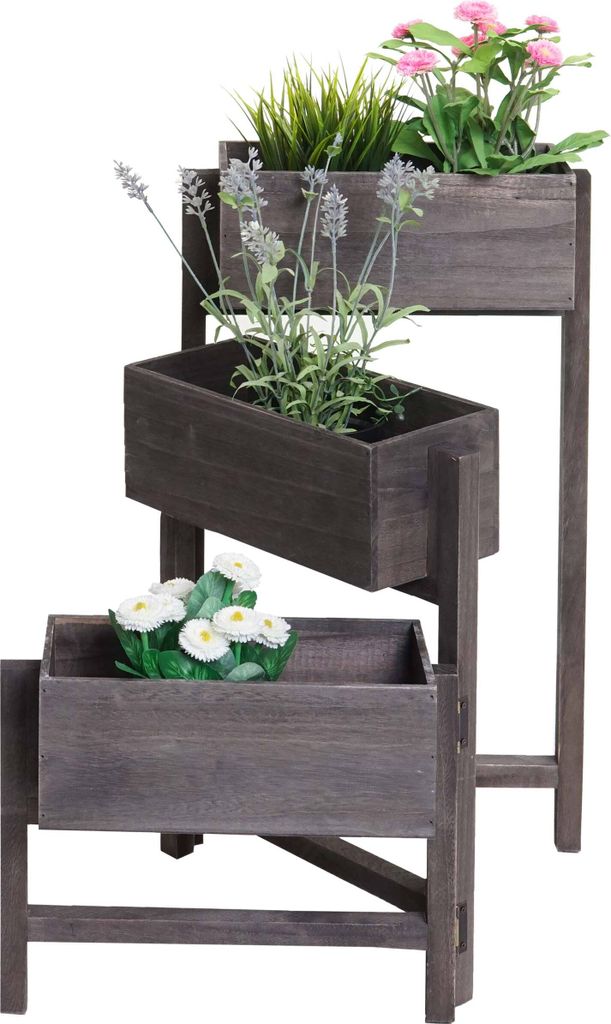 Pflanzregal T275, Standregal Blumenständer Pflanzkasten, 65x108x15cm, Holz Shabby-Look Vintage grau-braun