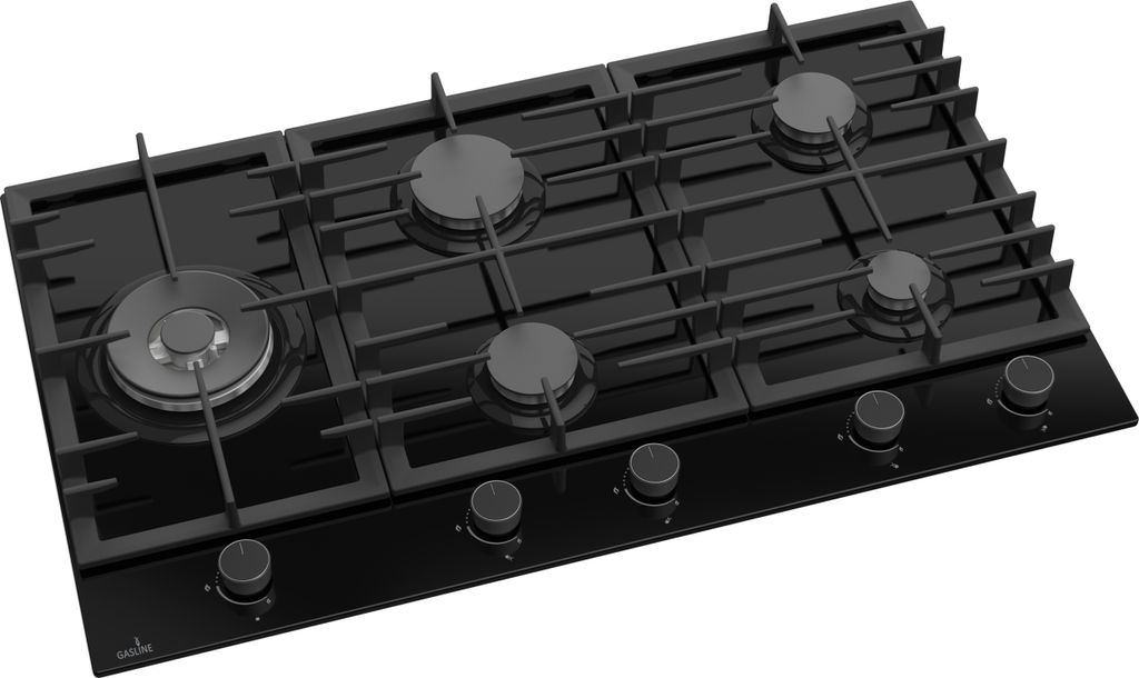 Gasline Gaskochfeld 90cm GAG90GLG Schwarz Glaskeramik mit 5 Brennern WOK Brenner 4,2 kW LPG/Erdgas