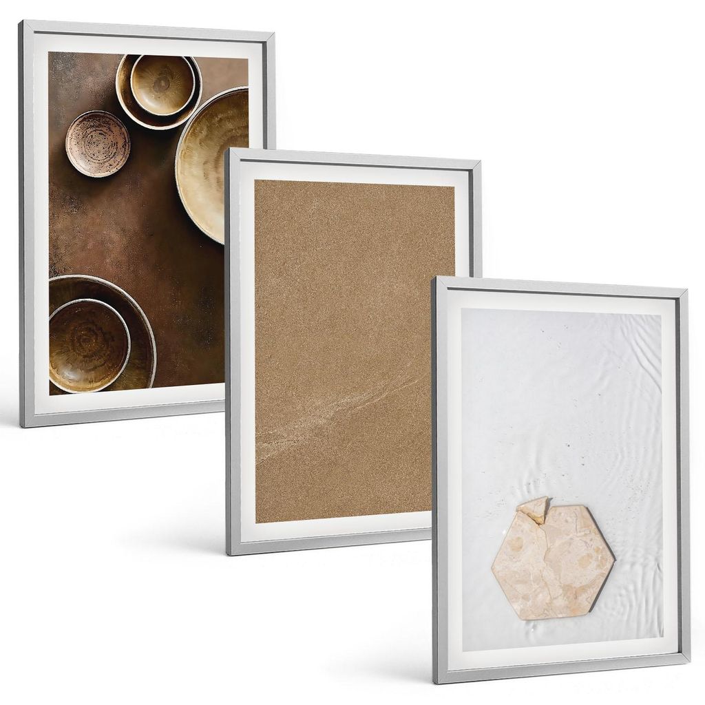 Bilder Set 3-teilig im silbergerahmten Rahmen – Wandbilder 3 Stück – gerahmte Poster für Wohnzimmer, Schlafzimmer und Flur – 40x60 cm – M...