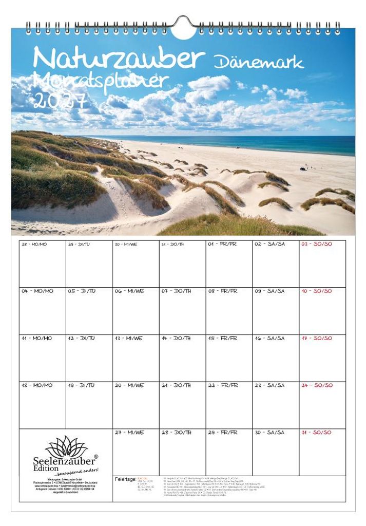 Naturzauber Dänemark Planer DIN A3 Kalender für 2027 Natur Reise Land Urlaub - Seelenzauber