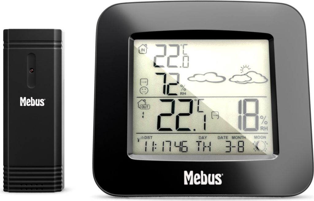 Mebus Funk-Wetterstation mit Außensensor Thermometer Hygrometer Wettervorhersage Mondphasen Wettertrend, Alarm mit Weckwiederholung, Kalender, Mat...
