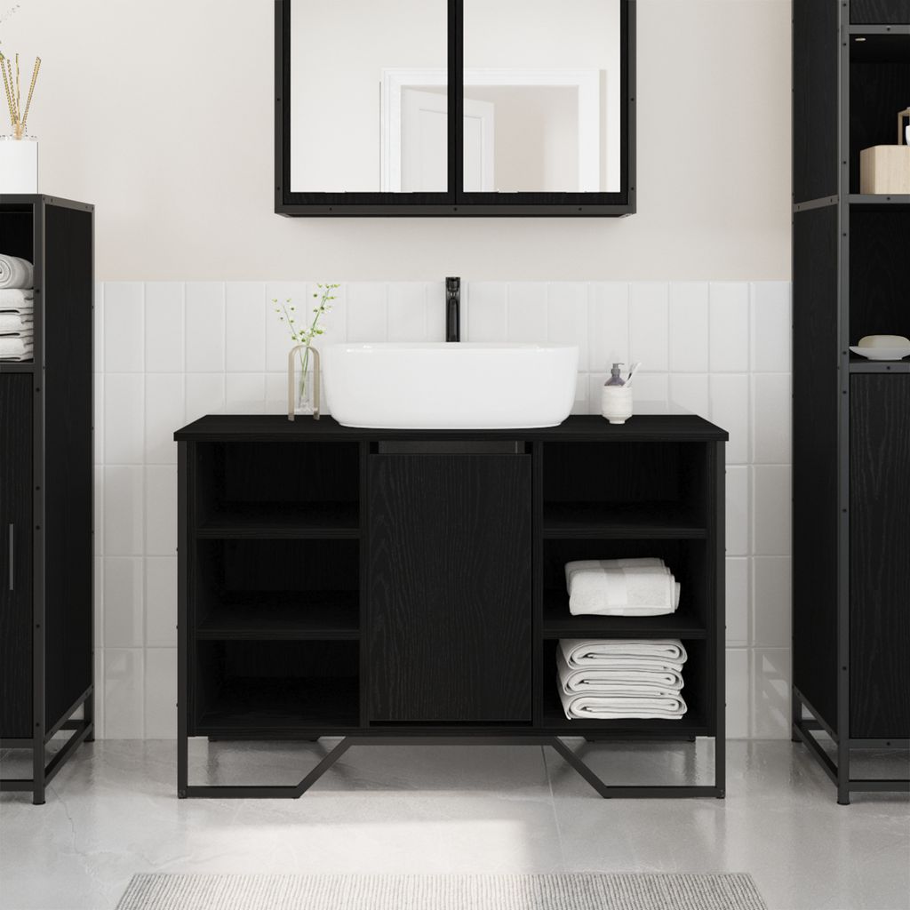 Waschbecken Schrank Schwarz Eiche 91x35x60 cm Holzwerkstoff, Badezimmerschränke DesignMöbel Neu