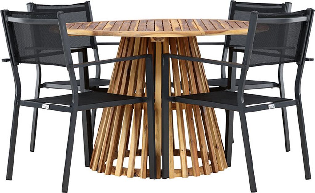 Lumpur Gartenset Tisch Ø120cm natur, 4 Stühle schwarz.