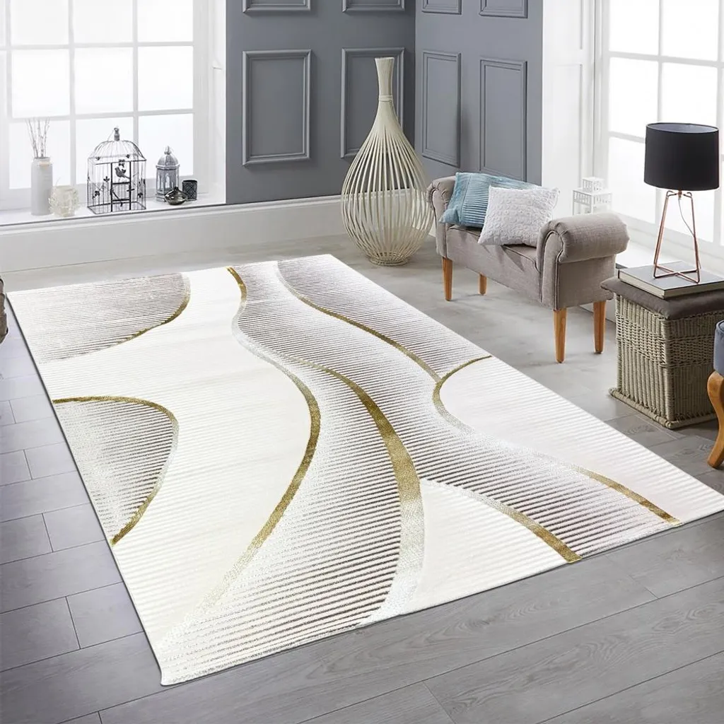 Tapis de chambre ou couloir crème moderne brillant motifs 60 x 110 cm