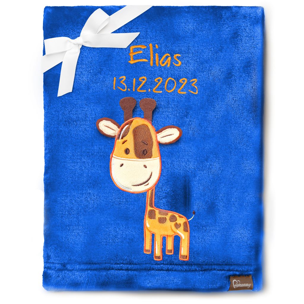 Be Mammy Babydecke mit 3D Applikation bestickt mit Name und Geburtsdatum 76 x 102 cm BE20-280 (Dunkelblau – Giraffen, 76 x 102 cm)