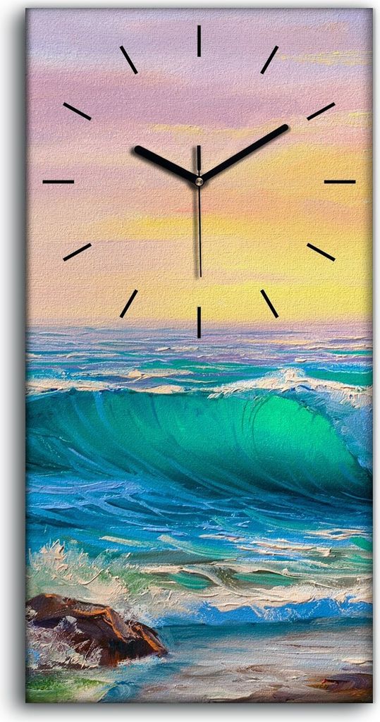 Wohnzimmer-Bild Leinwand Uhr 30x60 Ufer Wellen Meer Sonnenaufgang Malerei - schwarze Hände