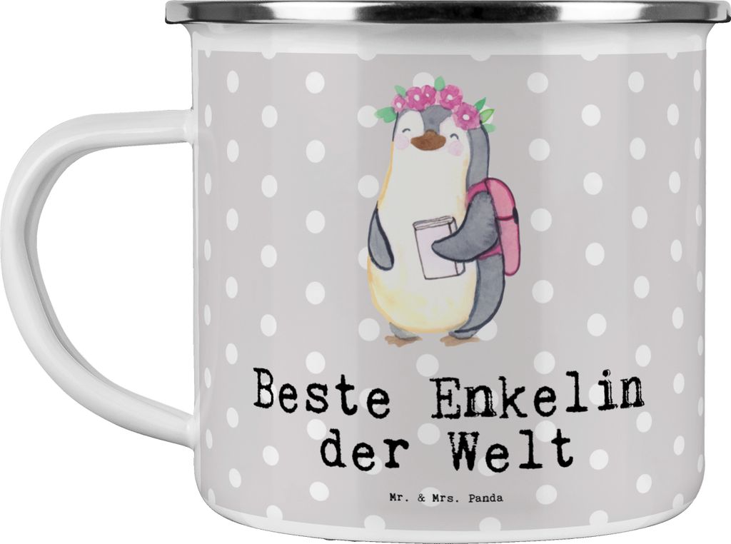Mr. & Mrs. Panda Tasse Emaille Pinguin Beste Enkelin der Welt - Grau Pastell - Geschenk, Enkeltochter, wanderbecher, Enkelkind, Taufe, Geschenkidee...