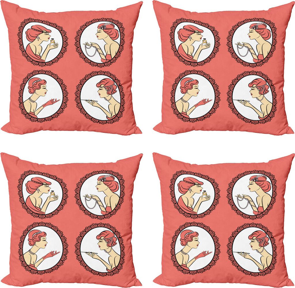ABAKUHAUS Weinlese-Frau Kissenbezug Set (4 Stück), Fashion Portraits, Moderner Doppelseitiger Digitaldruck, 50 cm x 50 cm, Weiß Schwarz und Coral